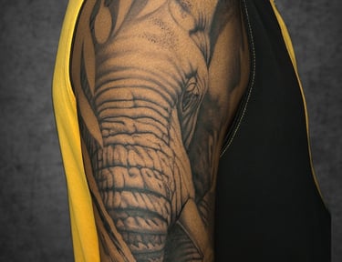 Realistic elephant arm tattoo with fine line detailing at Krossinks Tattoo Studio Navi Mumbai