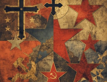 Vintage collage of political and religious symbols including communist hammers, sickles, stars, and crosses.
