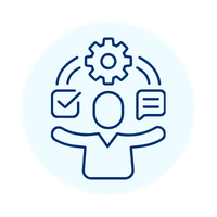 Project management icon showing a person coordinating tasks with a gear, checkmark, and message bubble.