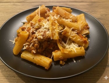 Rigatoni pasta with savory meat sauce and shredded parmesan cheese on a black plate.