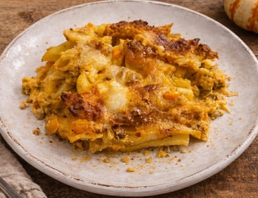 Baked pumpkin pasta casserole with melted cheese and golden crust on a rustic plate.