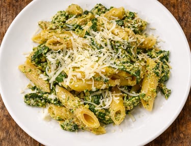 Penne pasta with creamy spinach and ricotta sauce topped with shredded parmesan cheese.