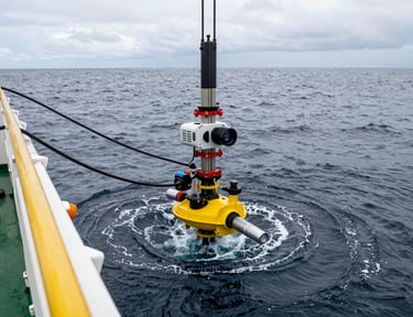 Research vessel deploying a CTD probe into dark ocean water during a hydrodynamic survey, overcast coastal daylight, instruments and cables visible on deck in clinical close-up