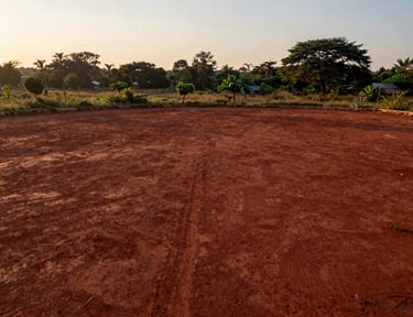 Vue aérienne d'un terrain constructible délimité et sécurisé à Abomey-Calavi, sol de latérite rouge, végétation locale éparse, lumière dorée du soleil couchant.