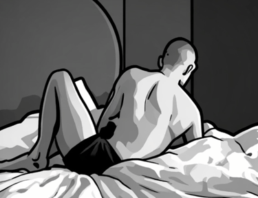cartoon man sitting up on bed