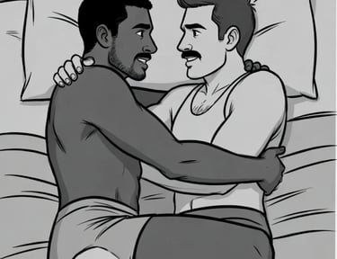 2 males in bed with arms across each other