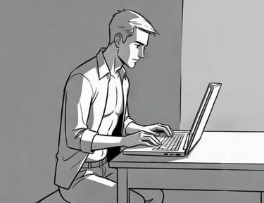 cartoon male with shirt open working on laptop at desk