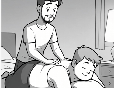 a skinny male cartoon gving a heavier male a back massage on bed