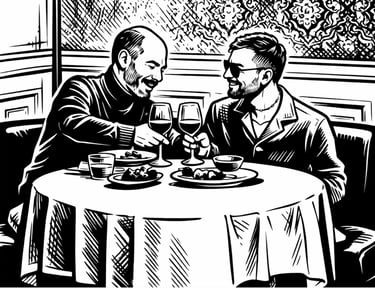 Older male having dinner with younger male at restaurant cartoon
