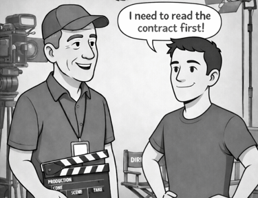 A male with cap on with Clapperboard and younger male saying i need to read the contrast first.