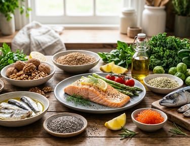 Fresh grilled salmon and sardines surrounded by omega-3 rich foods like walnuts, seeds, and leafy greens.