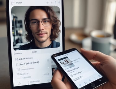 a person holding a cell phone in front of a picture of a man