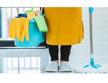 a woman in a yellow dress holding a mop and cleaning supplies