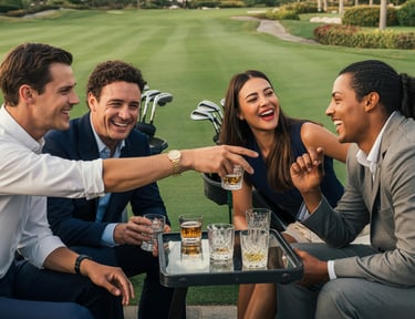 Friends in business attire laughing and drinking whiskey at a luxury golf course resort.