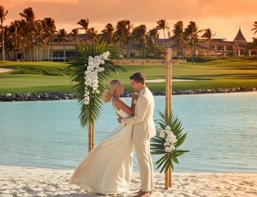 A bride and groom embrace at a tropical beach wedding ceremony during a sunset in Hawaii.
