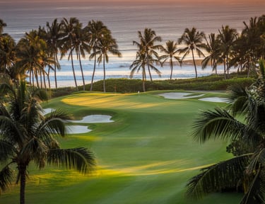 Luxury oceanfront golf course green with palm trees and sand bunkers at sunset.