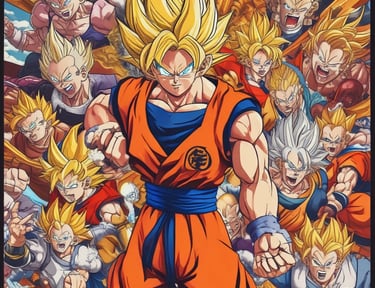 A collection of anime figurines is displayed on wooden shelves with comic-style wallpaper as a decorative background. Various action figures are posed, featuring vibrant colors and iconic character designs. The setting appears to be a themed cafe or restaurant, with additional seating and hanging lights in the background.