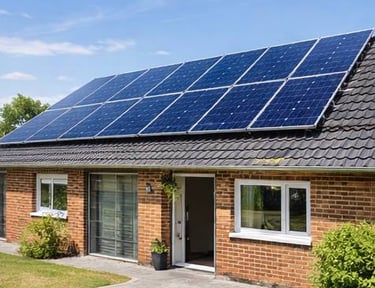 Residential brick house with solar panels installed on a dark shingle roof for clean energy.