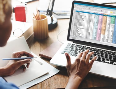 A person sitting at a desk with a laptop and a pen looking at a spreadsheet