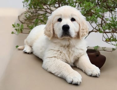 Golden retriever blanc au pelage éclatant, se reposant sous un arbre.