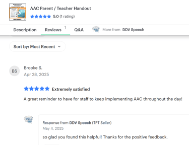 5 star review for AAC handout for speech therapy