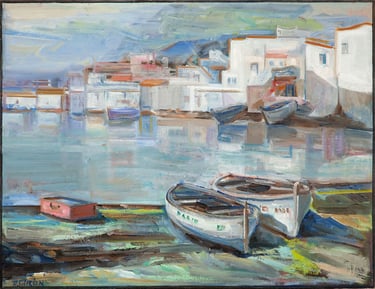 Barcas, óleo lienzo del artista pintor Argi Girón. Boats sea oil artist painter
