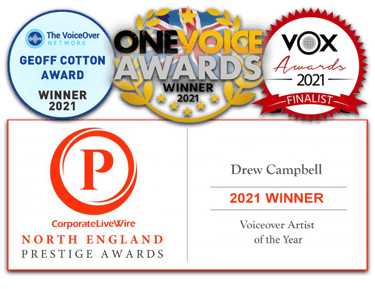 Awards that Drew has Won. One Voice Award, Vox Finalist, Geoff Cotton Award, VoiceArtist of the Year