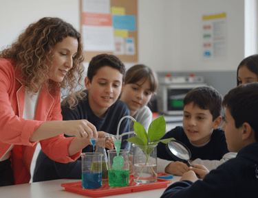Atelier de sciences avec Yoyo Chirkes et des enfants découvrant une expérience scientifique
