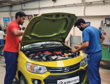 A technician carefully installing a CNG kit on a Maruti Suzuki vehicle.