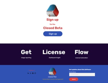Eine Landing Page für das Beta-Signup einer Lizenz-Manager-Software genannt "License-Flow"