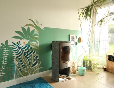 Fresque inspirée douanier Rousseau salon particulier peinture murale sur mesure Ifs Caen Normandie