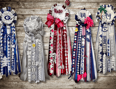 a wall of Homecoming mums of different colors for different high schools