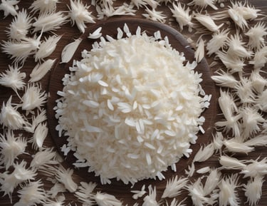 A variety of rice grains displayed in clear glass jars.