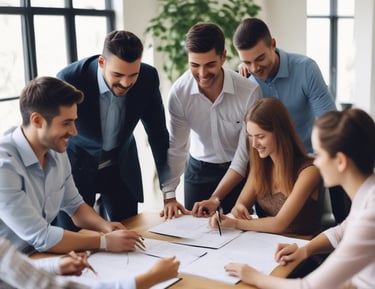 Diverse group of colleagues celebrating success in office