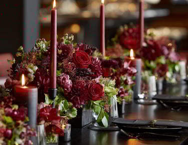 Elegant dinner table setting with red floral centerpieces and tall burgundy taper candles.