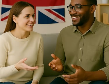 Hombre y mujer en la sala de estar teniendo una conversación en inglés