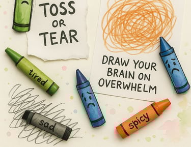 Colorful crayon characters with torn paper and scribbles, illustrating emotional expression thru art