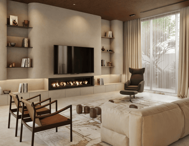 A tan sectional sofa and brown armchairs in a living room with a modern fireplace and TV.