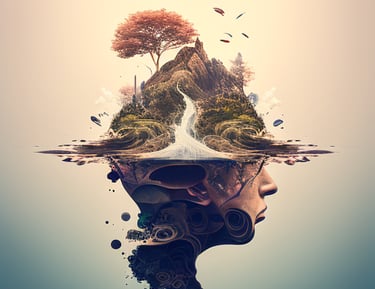 a woman's face with a tree in the background