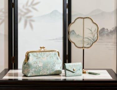 "The Splendid Rivers" GWP set, featuring a jacquard pouch, cardholder, and fan.