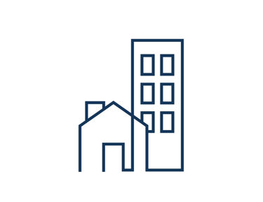 Ikona domku i budynku, obrazująca relacje z administracją publiczną.