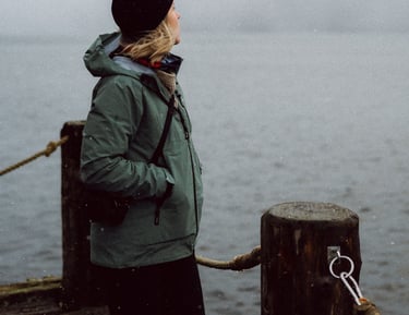 photo of a women wearing a finistere coat in scotland
