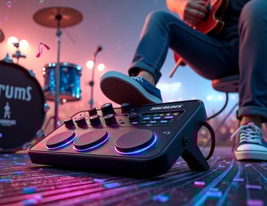 Músico tocando violão ao vivo com o pé no pedal MINI DRUMS sobre um palco pequeno com equipamento de som