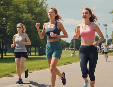 two women running in a park with trees and grass