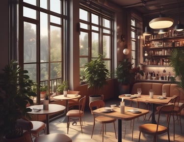 An inviting outdoor lounge area with light orange accents and comfortable seating under a sunset sky.