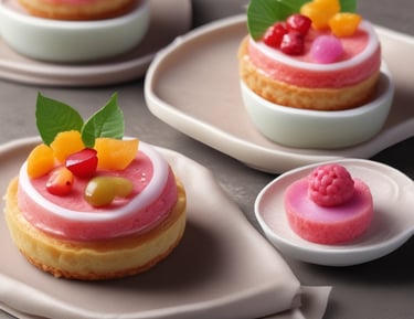 Elegant shot of a dessert featuring exotic fruits and a subtle golden ginger glaze.