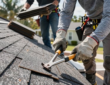 Finished roof shining under sunlight, highlighting the neat shingle arrangement.
