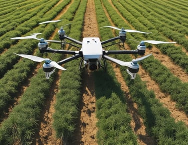 Modern farming machinery working on a fertile river valley farm at sunrise.