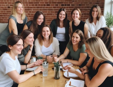 A group of mid-life women sharing stories and laughter in a warm, inviting space.