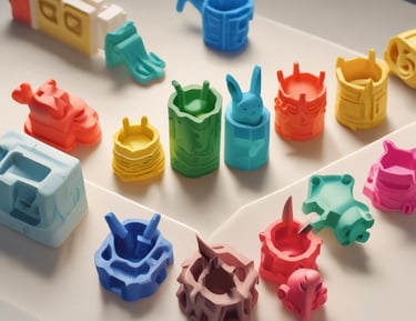 A set of functional 3D printed items including phone stands and key holders in various colors.